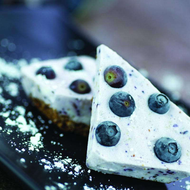 Blueberry yogurt bars sliced and served on a plate.